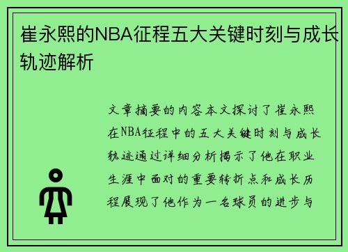 崔永熙的NBA征程五大关键时刻与成长轨迹解析